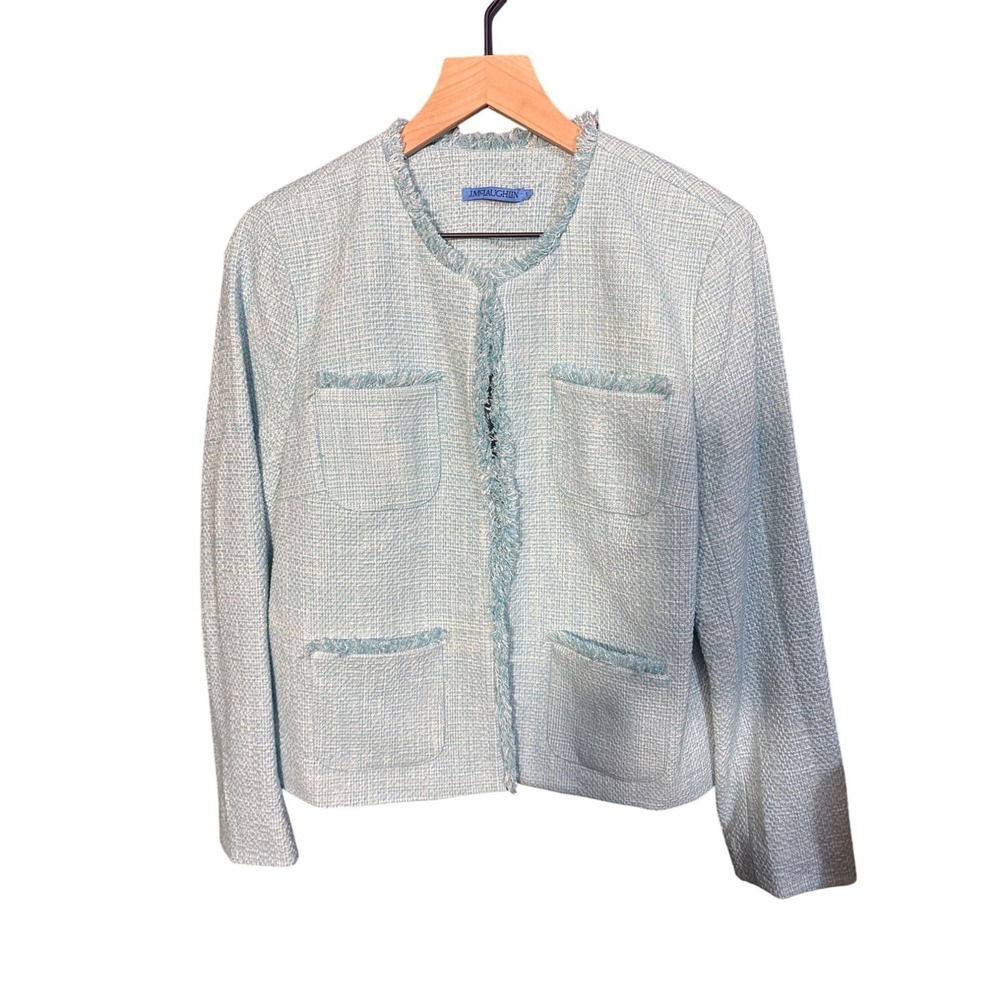 J.McLaughlin Womens Tweed Fringe Trim Open Front Jacket Size S Blue